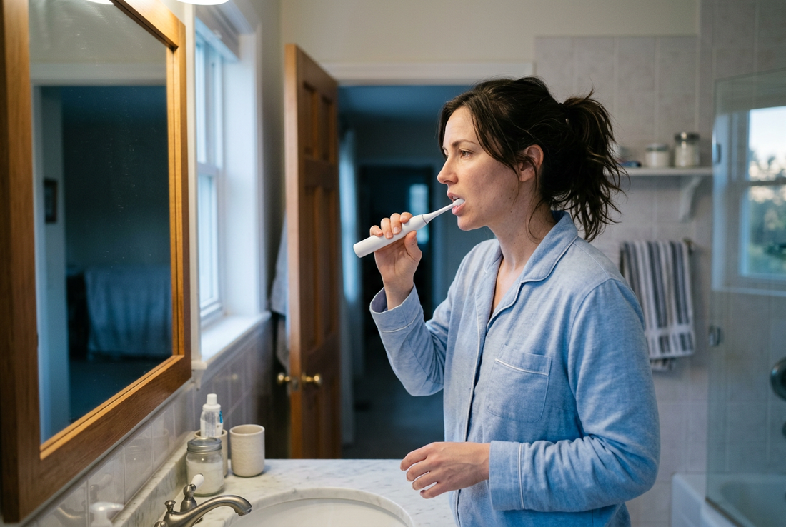 Woman using an electric toothbrush at a bathroom sink in soft early morning light.