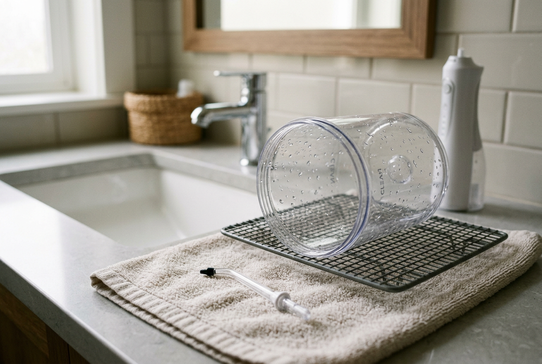 Detached water flosser tank drying upside down on a rack, with a nozzle on a towel beside the handle.