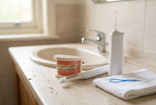 Electric toothbrush, water flosser and floss threader beside a dental model with braces on a bathroom counter.