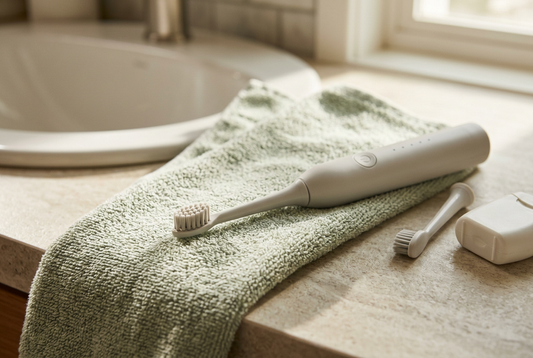 Electric toothbrush with a soft bristle head resting on a towel beside a spare brush head and dental floss.