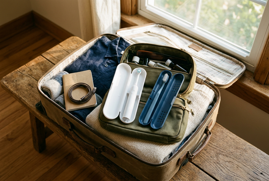 Electric and manual toothbrushes in open travel cases beside a toiletry bag inside a packed suitcase.