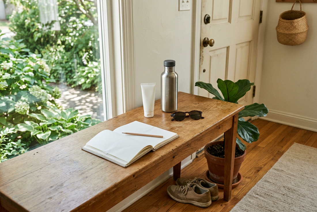Sunscreen, sunglasses, a water bottle and a notebook on a sunlit entryway table, with walking shoes below.