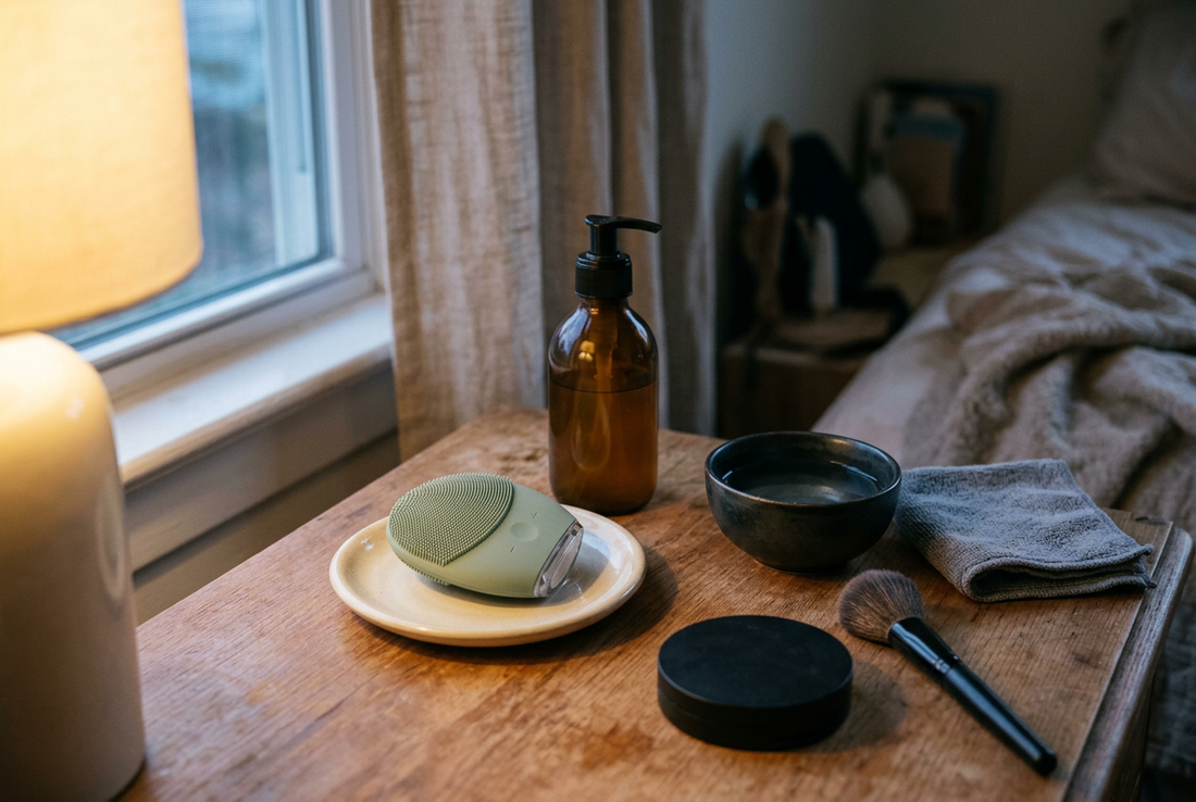 Silicone facial cleansing brush on a ceramic dish beside cleanser, a facial cloth and makeup on a bedroom vanity.