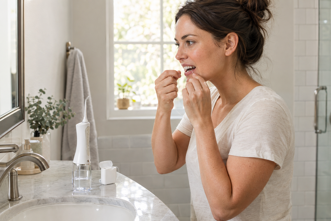 Woman using string floss at a bathroom sink with a cordless water flosser on the counter.