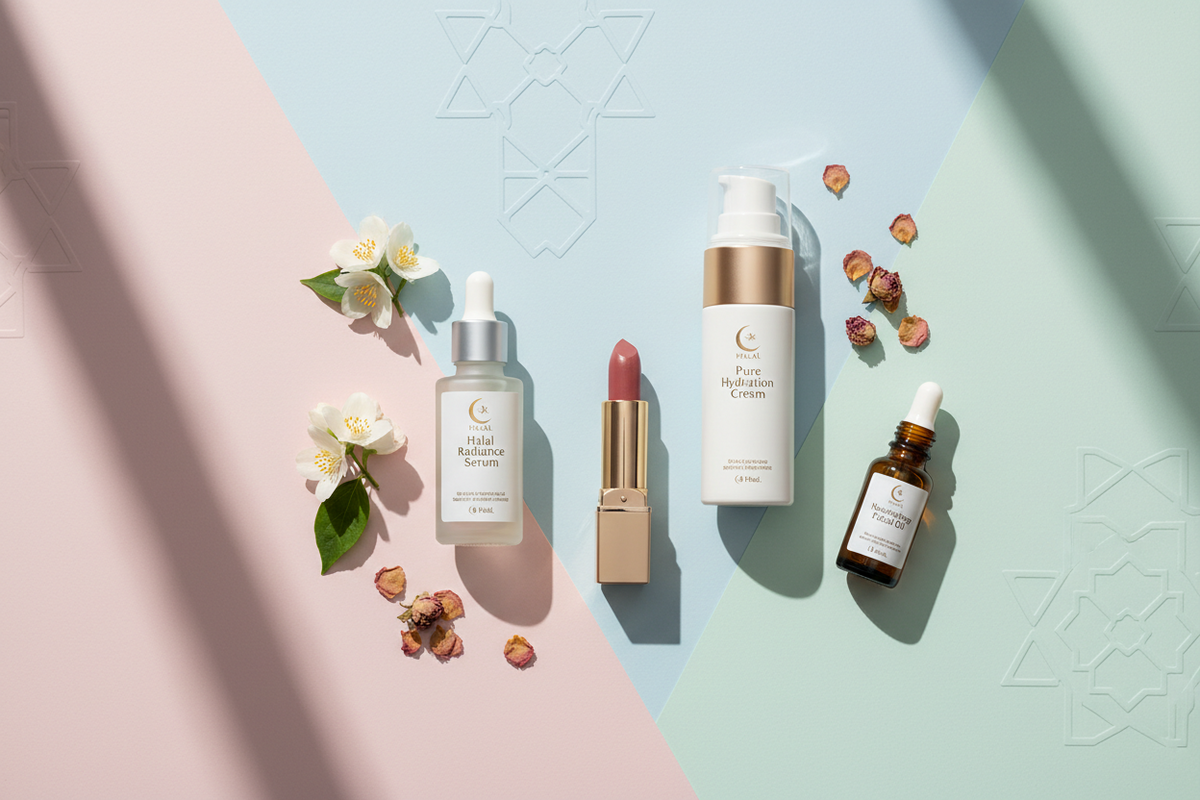 Halal-certified beauty and skincare products flat lay — Indonesia halal cosmetics certification 2026