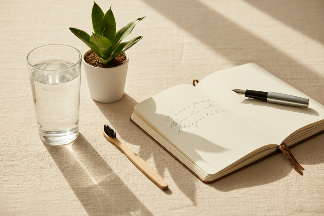 Water, toothbrush, plant, and journal in golden light — daily health habits as the new wealth and longevity investment.