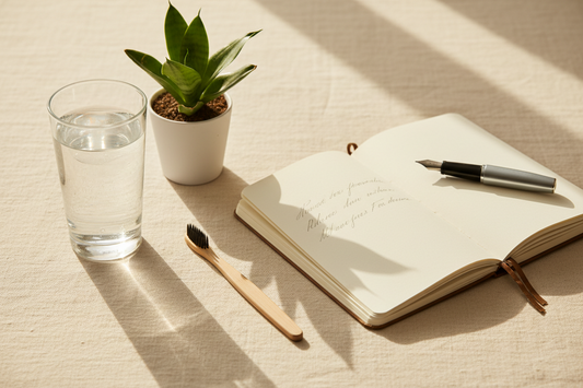 Water, toothbrush, plant, and journal in golden light — daily health habits as the new wealth and longevity investment.