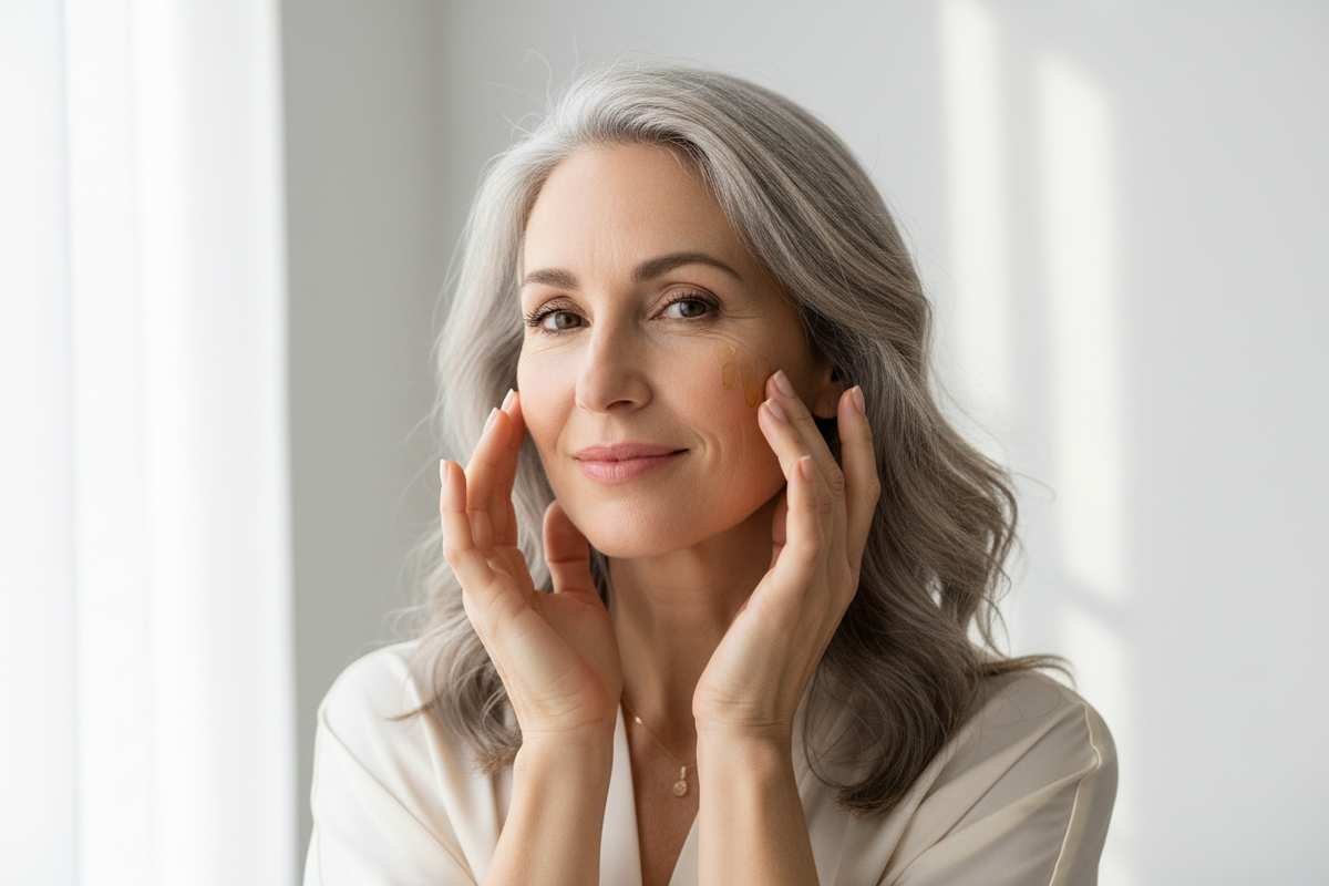 An elegant woman in her 40s with natural silver-streaked hair and radiant healthy skin gently applying facial oil in warm natural light — representing the healthy aging movement that embraces skin at every stage of life with grace and science-backed care.
