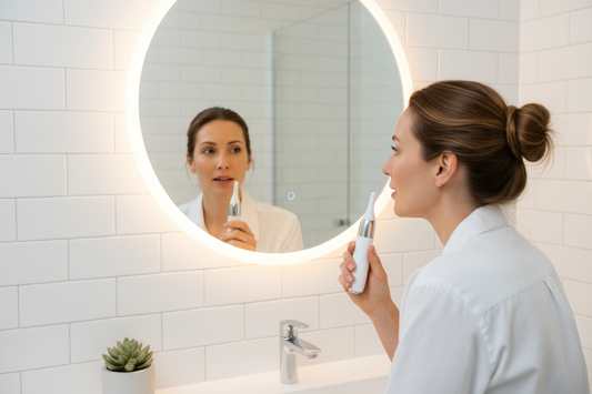 Person using ultrasonic dental scaler at bathroom mirror — home dental cleaning for plaque and tartar maintenance.