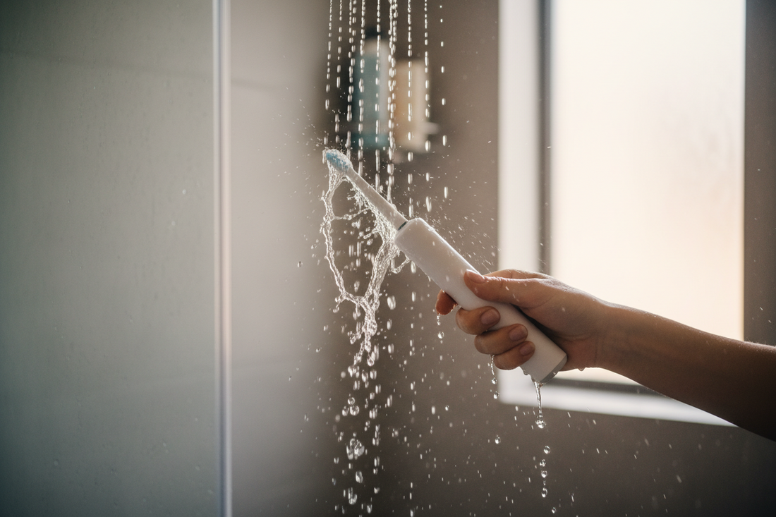 Electric toothbrush under shower stream — what IPX7 waterproof rating means for safe shower and bathroom oral care device use.