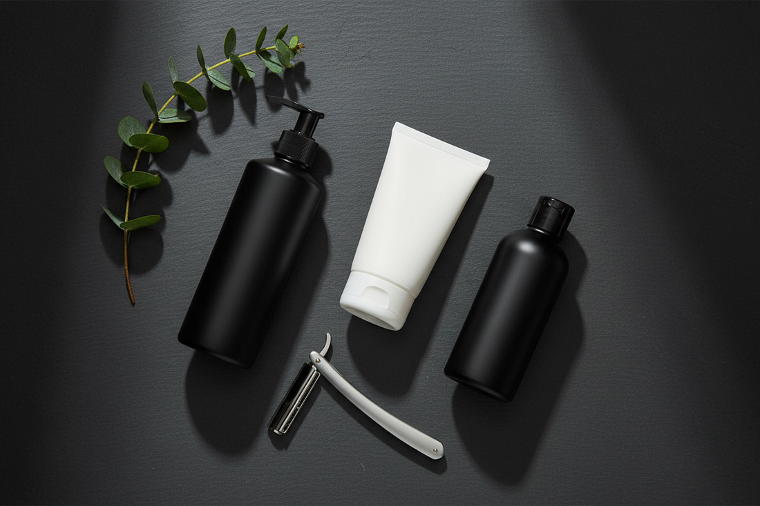 Unlabeled men's grooming bottles on dark slate with eucalyptus leaf and razor — modern skincare meets intentional self-care