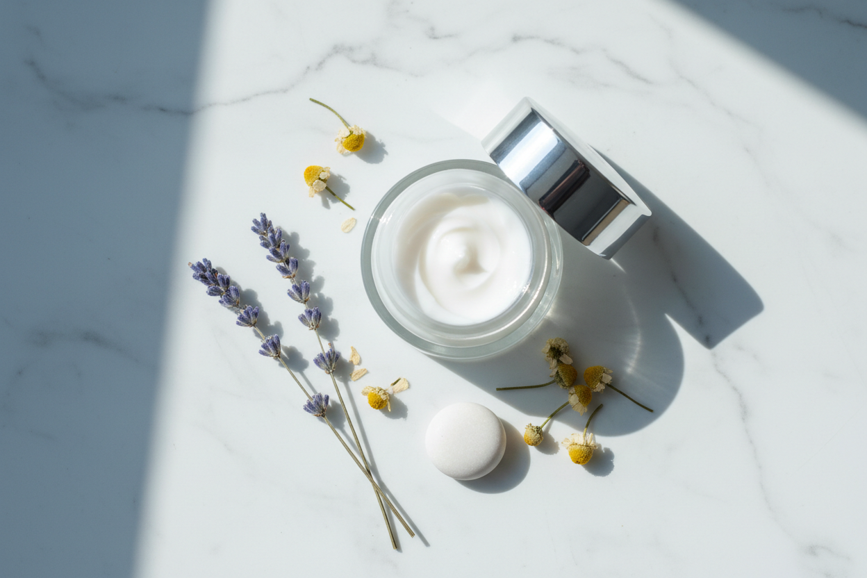 A serene minimalist flat lay featuring a glass moisturiser jar, dried lavender, chamomile flowers, and a smooth white stone on white marble — representing the mood-boosting and stress-relieving power of a mindful skincare ritual.