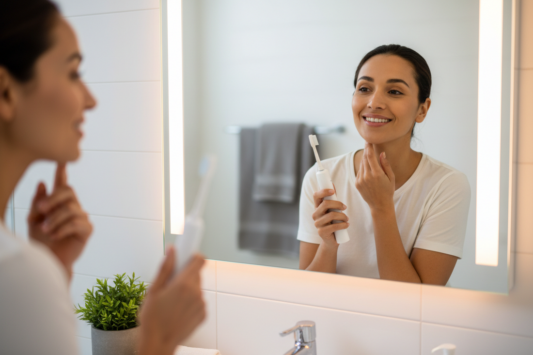 Person with toothbrush at bathroom mirror — how gum health connects to heart disease, diabetes, and whole-body wellness.
