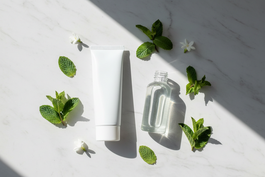 A minimalist flat lay featuring a white toothpaste tube, a glass bottle of natural mouthwash, fresh mint leaves, and small white flowers on white marble — representing a microbiome-friendly approach to oral health and natural dental care.
