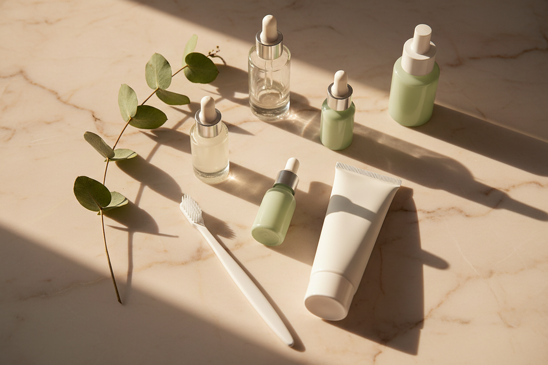 Serums and toothbrush on marble vanity — oral skinification bringing niacinamide and probiotics into gentle daily oral care.