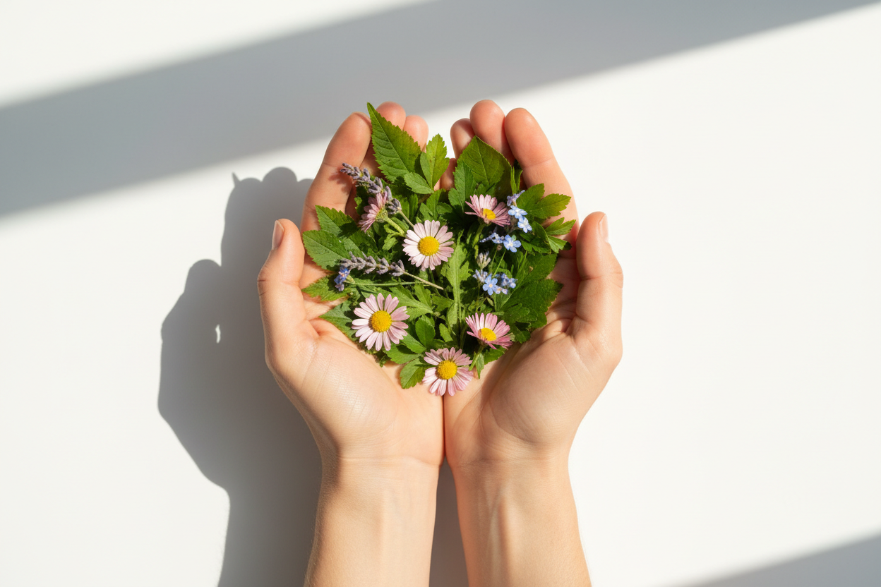 Close-up of two hands gently cupping fresh green leaves and wildflowers against a white background — symbolising the responsible beauty movement's commitment to sustainability, ethical sourcing, and planet-conscious skincare.