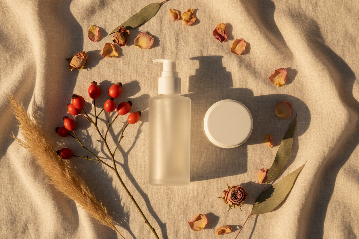A warm flat lay of an unlabeled frosted glass pump bottle and white jar beside rosehip berries and dried botanicals on cream linen in golden light — representing the science of retinol body care for firmer, smoother skin from neck to hands.