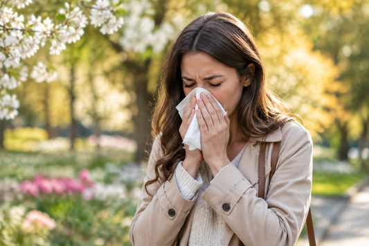 Person sneezing in blooming park — how a daily saline nasal rinse prevents seasonal allergy congestion without medication.