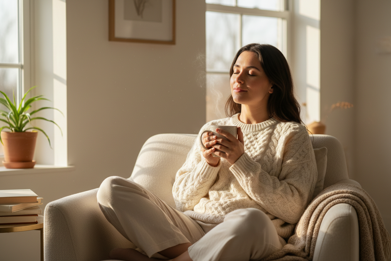 A woman sitting peacefully by a bright window with eyes closed, hands wrapped around a warm cup of tea in soft morning light — representing the importance of daily self-care, rest, and emotional wellbeing without guilt.