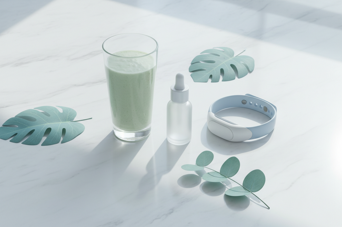 A minimalist wellness flat lay featuring a green smoothie, skincare serum, sleep tracker wristband, and botanical leaves on a white marble surface — representing the shift from self-care to self-optimization.