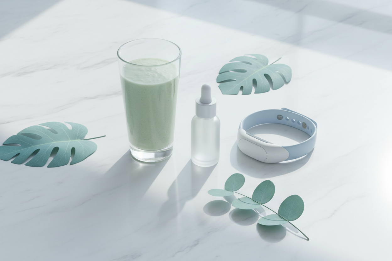 A minimalist wellness flat lay featuring a green smoothie, skincare serum, sleep tracker wristband, and botanical leaves on a white marble surface — representing the shift from self-care to self-optimization.