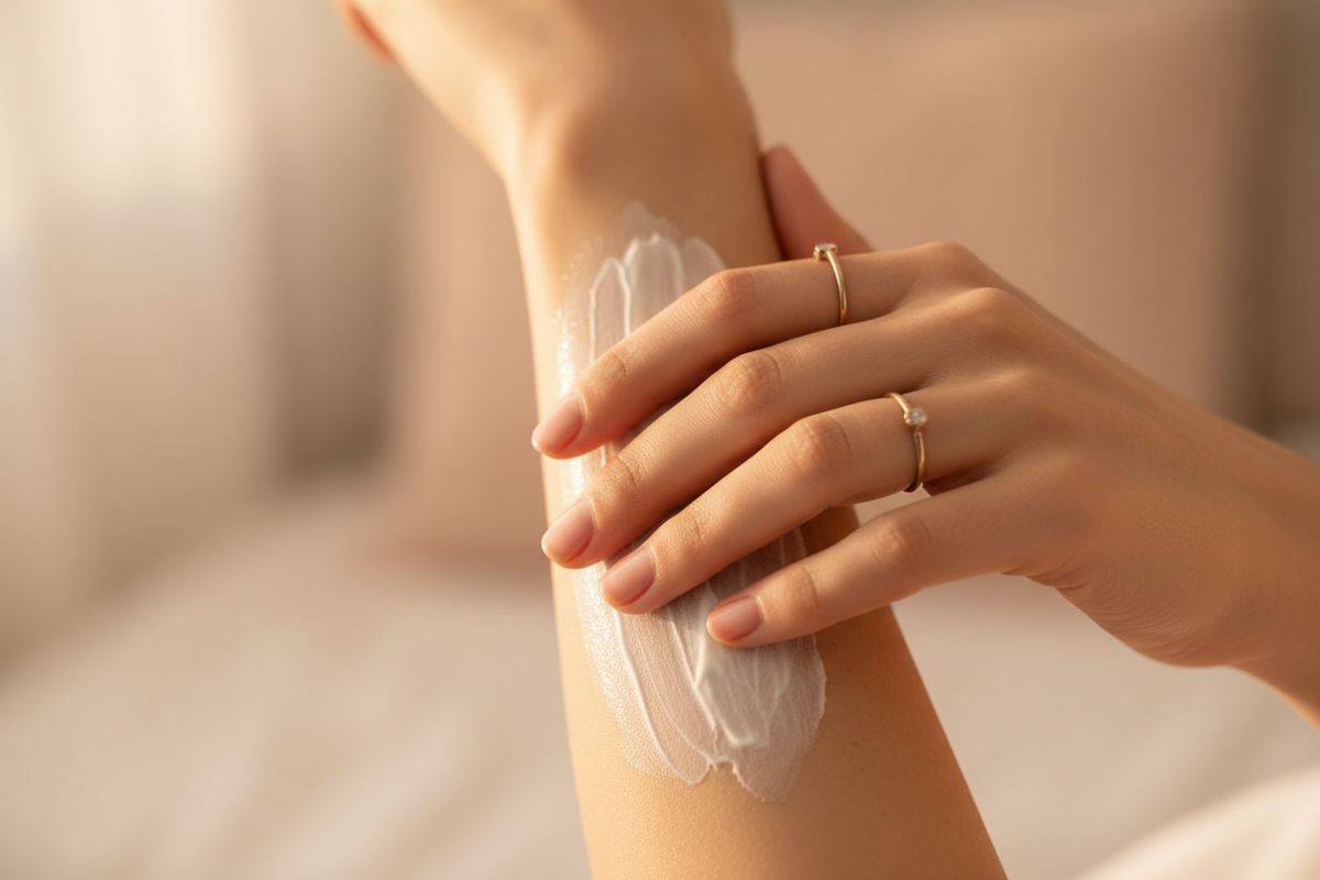 A close-up of a woman's hand gently applying rich cream to her forearm in warm golden light — evoking the sensory pleasure and emotional connection of a mindful skincare ritual.