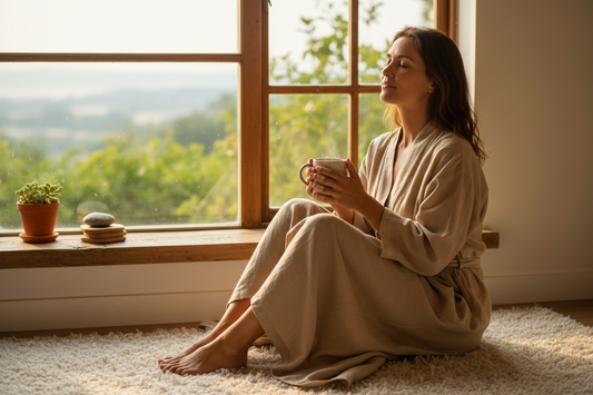 Person in linen robe with warm mug by sunny window and plants — slow living and mindful daily routine as self-care ritual.
