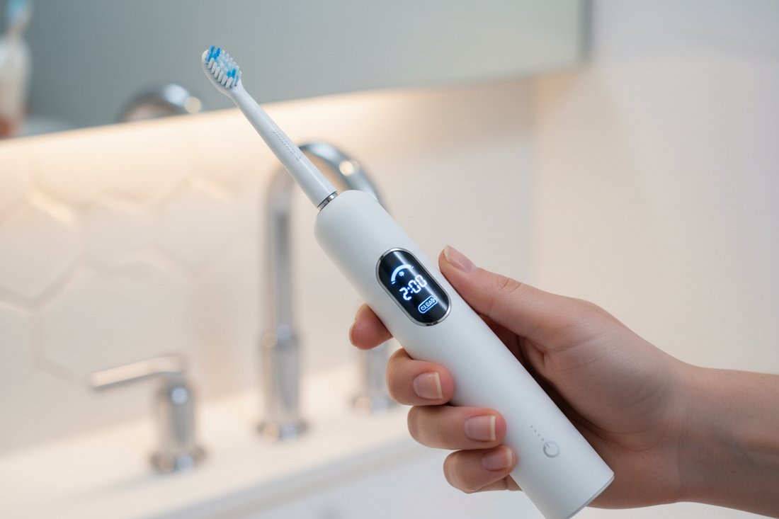 Smart electric toothbrush with glowing display screen — is a toothbrush screen worth it for better brushing habits and timing.
