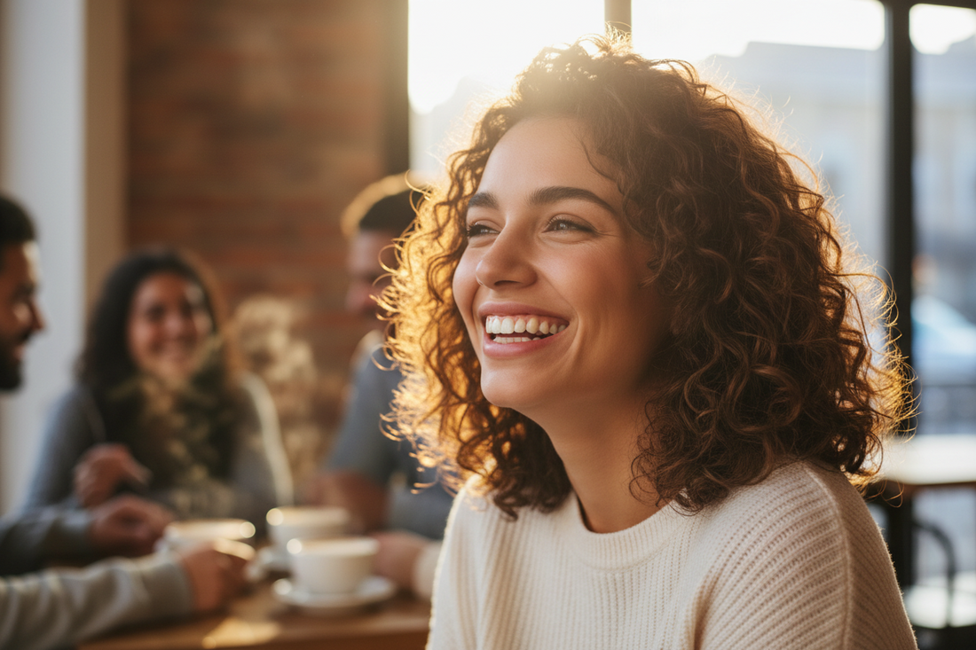 Person laughing with bright smile — overcoming yellow teeth embarrassment and rebuilding smile confidence with whitening.
