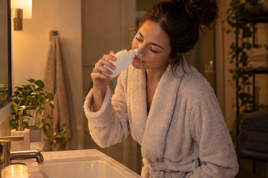 Person in robe using nasal rinse at sink — saline rinse before bed to relieve nighttime stuffy nose and improve sleep quality.