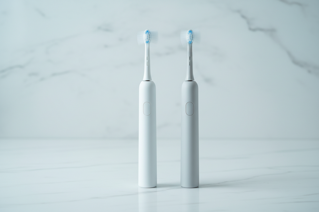 Two electric toothbrushes on marble, motion-blurred heads — sweeping vs sonic technology for deeper plaque removal.