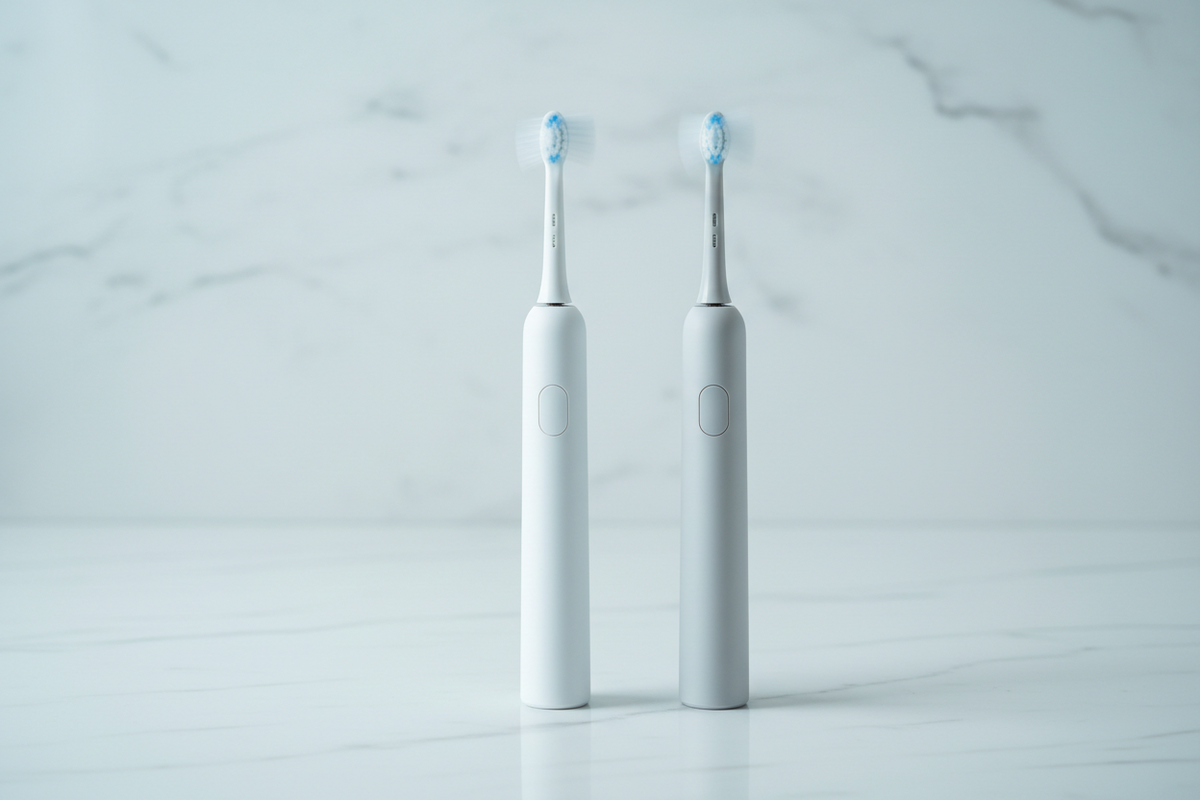 Two electric toothbrushes on marble, motion-blurred heads — sweeping vs sonic technology for deeper plaque removal.