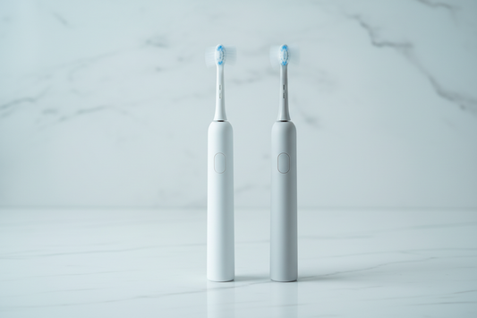 Two electric toothbrushes on marble, motion-blurred heads — sweeping vs sonic technology for deeper plaque removal.