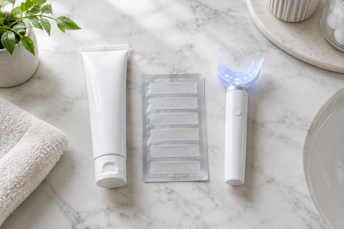 Whitening toothpaste, strips, and LED tray on marble — comparing teeth whitening products by how they work and who they suit.