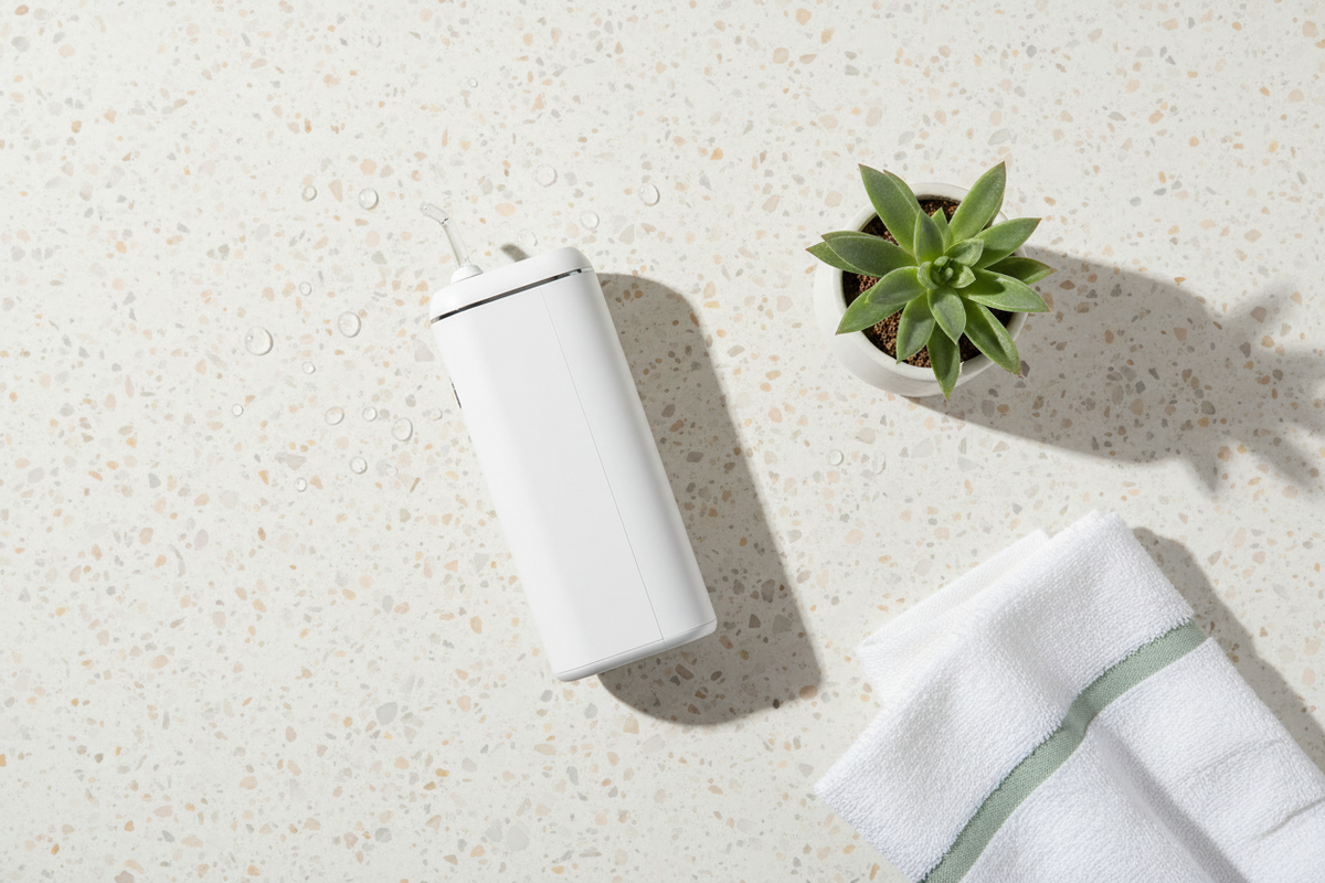 White water flosser, succulent, and towel on terrazzo — how to choose the right water flosser for your needs