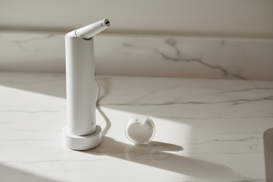 Water flosser beside dental floss on marble — how both work together for better plaque removal and daily gum care.