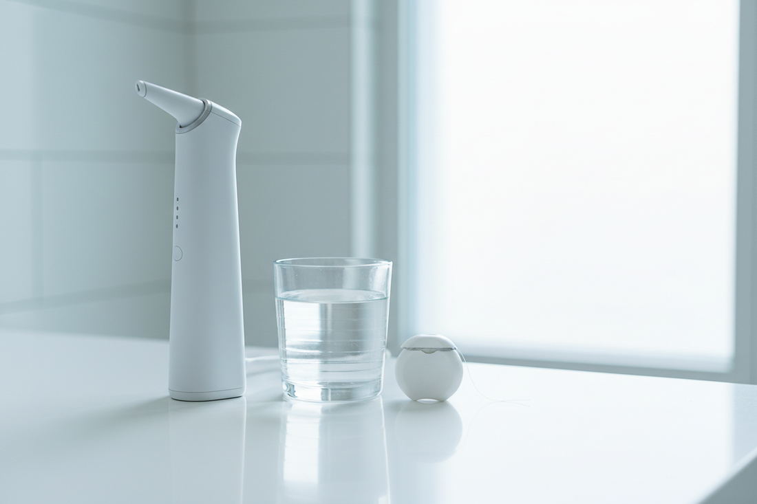 Water flosser, dental floss, and water glass on white counter — water flosser vs string floss for healthier gums.