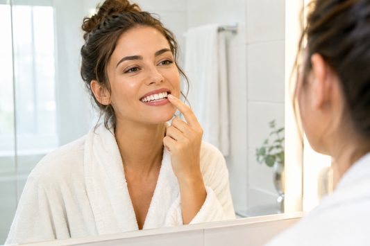 Person at bathroom mirror — why teeth stay yellow despite brushing and the difference between surface and deep tooth stains.