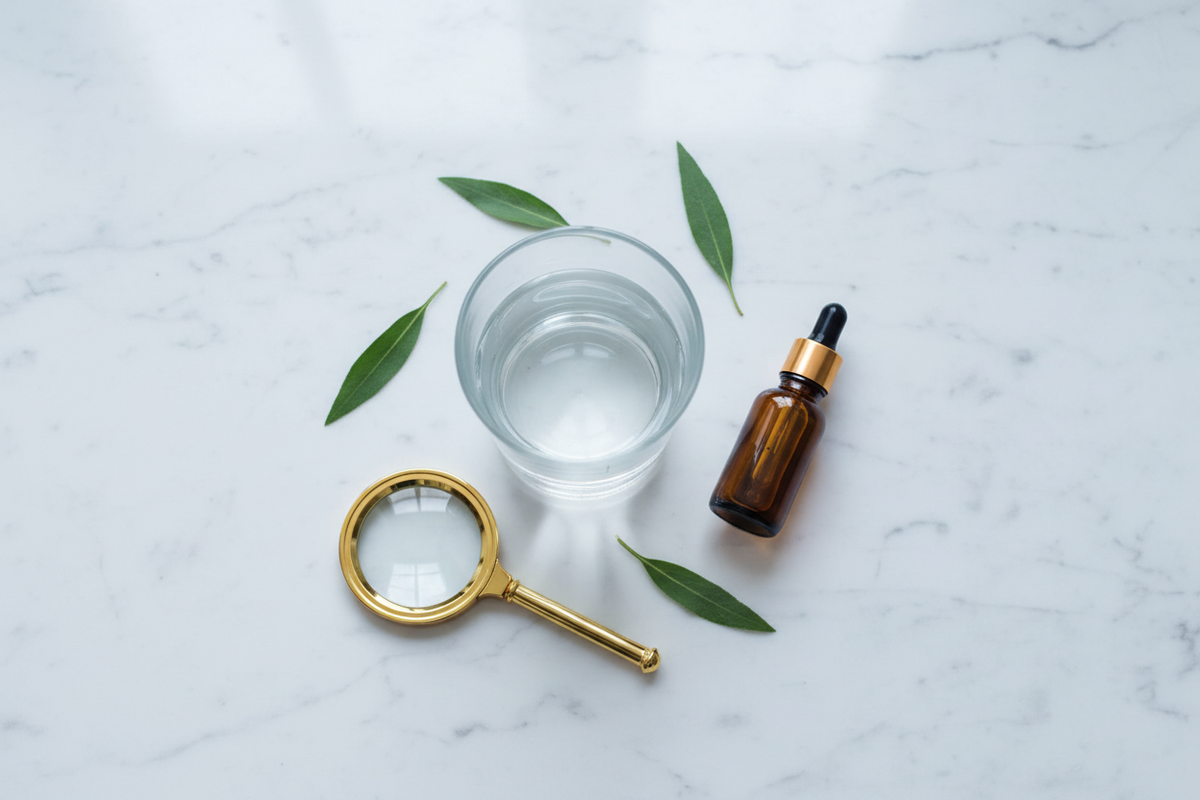 A minimalist wellness flat lay featuring a glass of water, skincare serum, botanical leaves, and a magnifying glass on white marble — representing the connection between skin health and internal body signals.